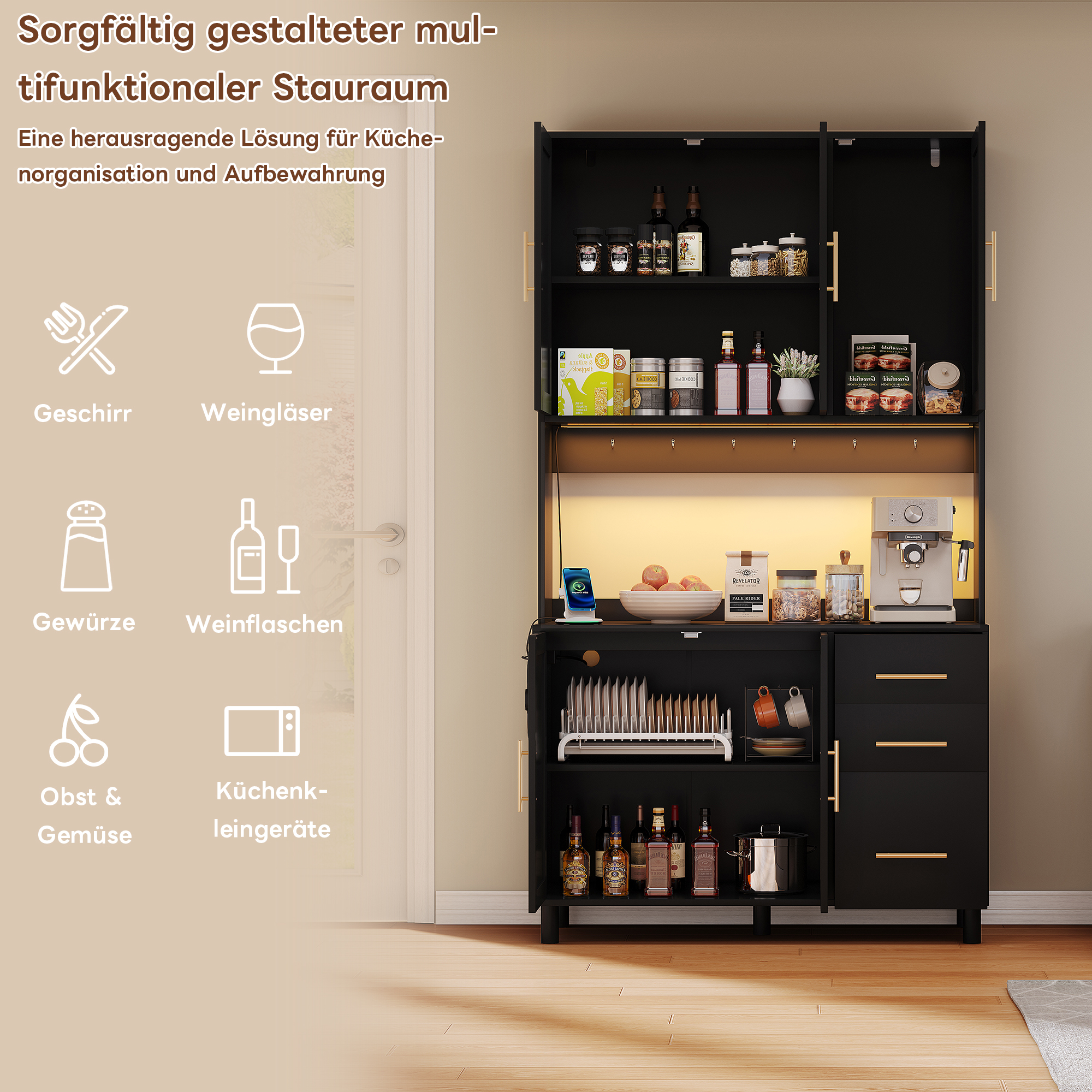 183cm Credenza de cocina, Buffet, إضاءة LED مزخرفة مدارة بواسطة التطبيق, 2 x USB, 2 x مقابس, رفوف قابلة للتعديل, 3 أدراج, مقابض معدنية ذهبية, مثالي