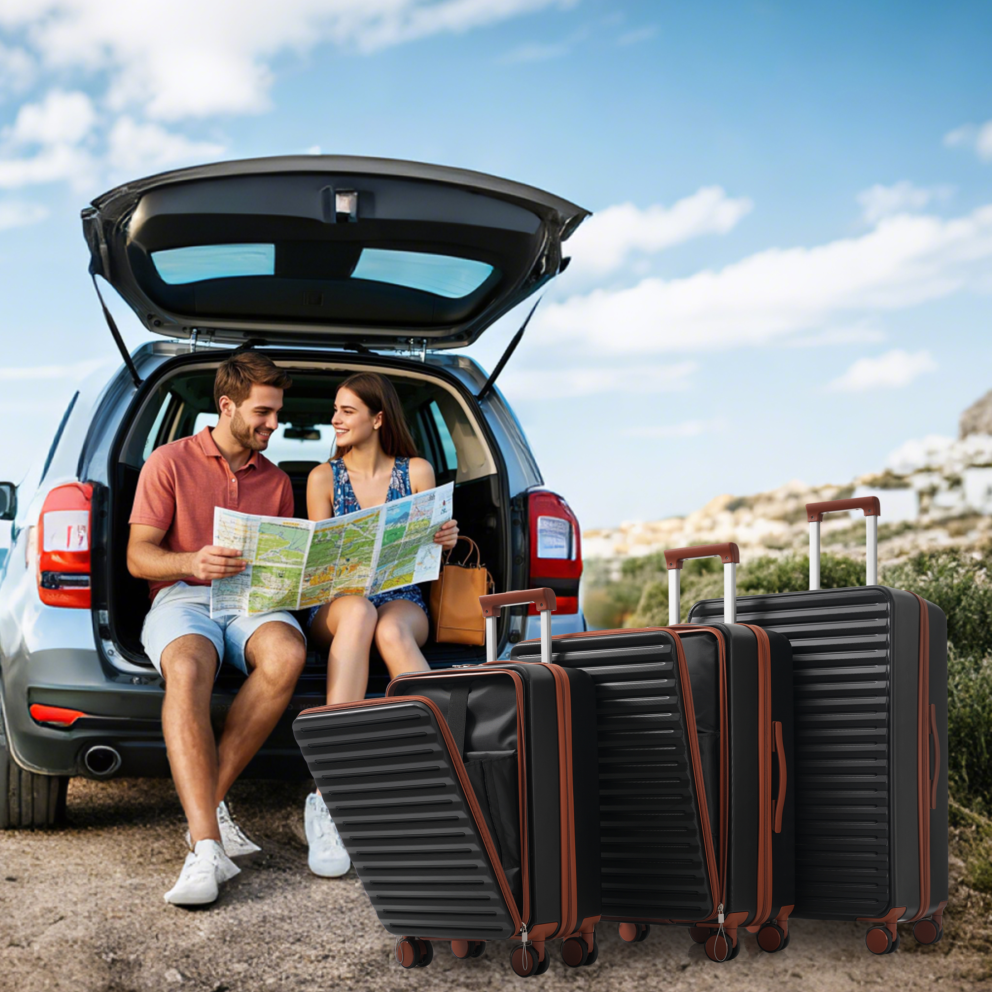 Three-Piece Luggage Set - Innovative Front-opening Design  Foldable Cup Holders, ABS Material, TSA Lock, 360 Wheels, Suitable For M  20 Inches , L  24