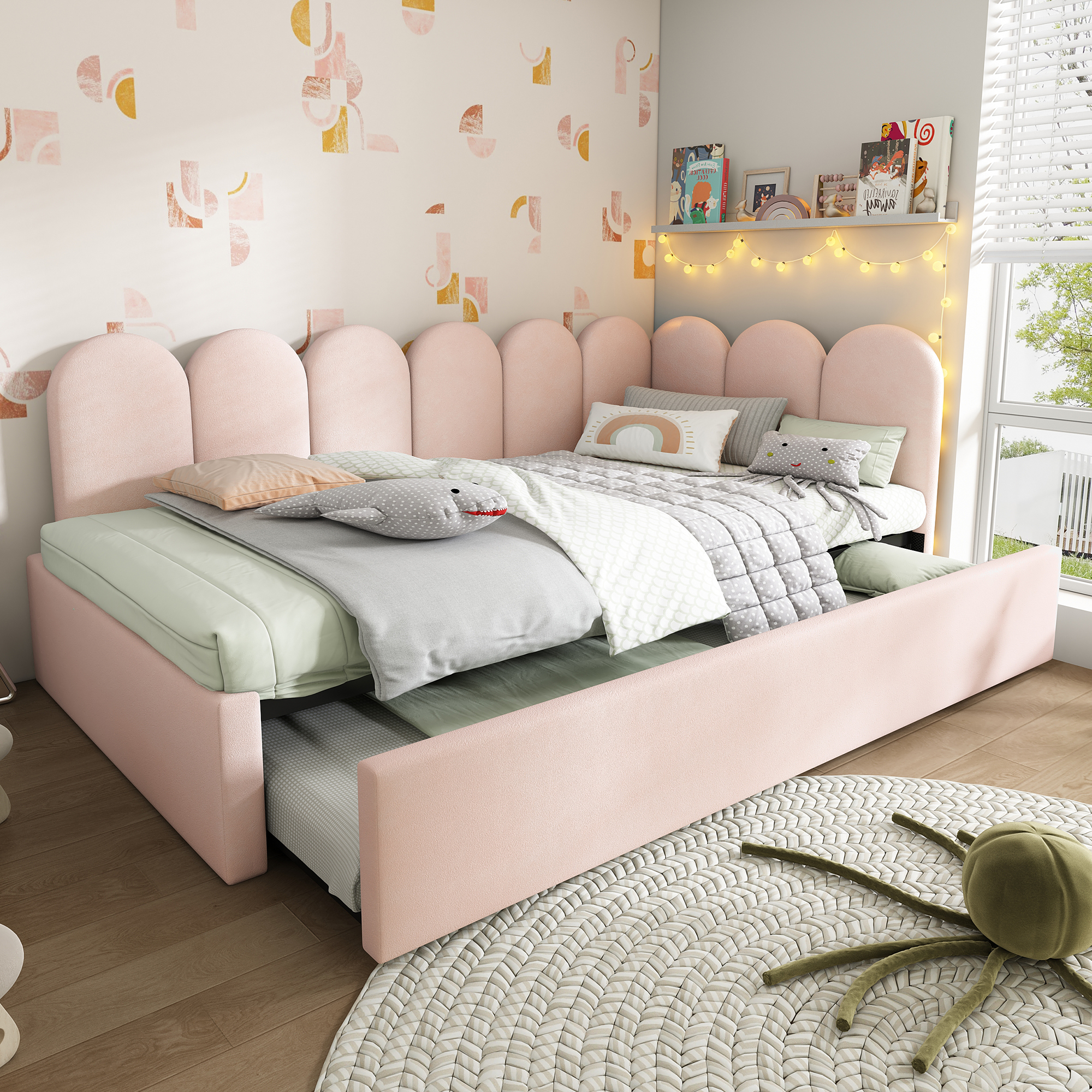 Gepolstertes Tagesbett mit Ausziehfunktion in Rosa