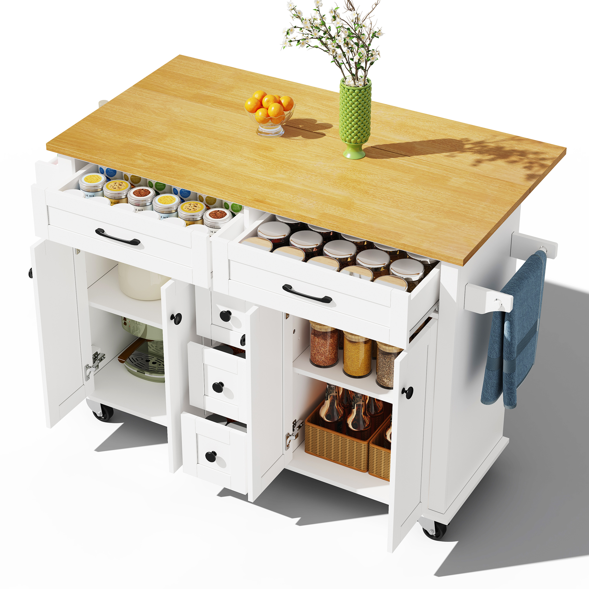 Multifunktionaler Küchenwagen mit Auszug-Arbeitsplatte, 120x65 cm erweiterbar, 5 Schubladen, Hängeschränke, Gewürz- und Handtuchhalter, auf Rollen