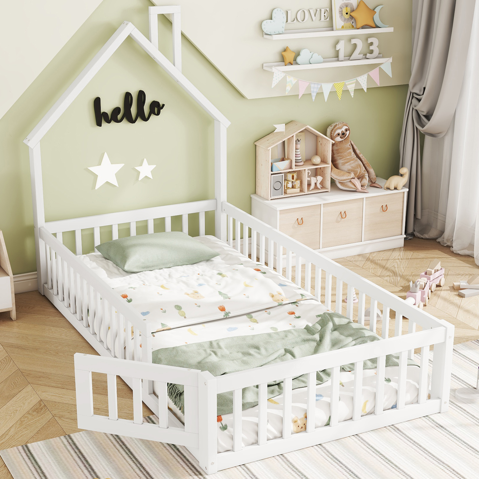 Hausbett 90 x 200 cm Kinderbett mit Schornsteinform, Kiefer, weiß