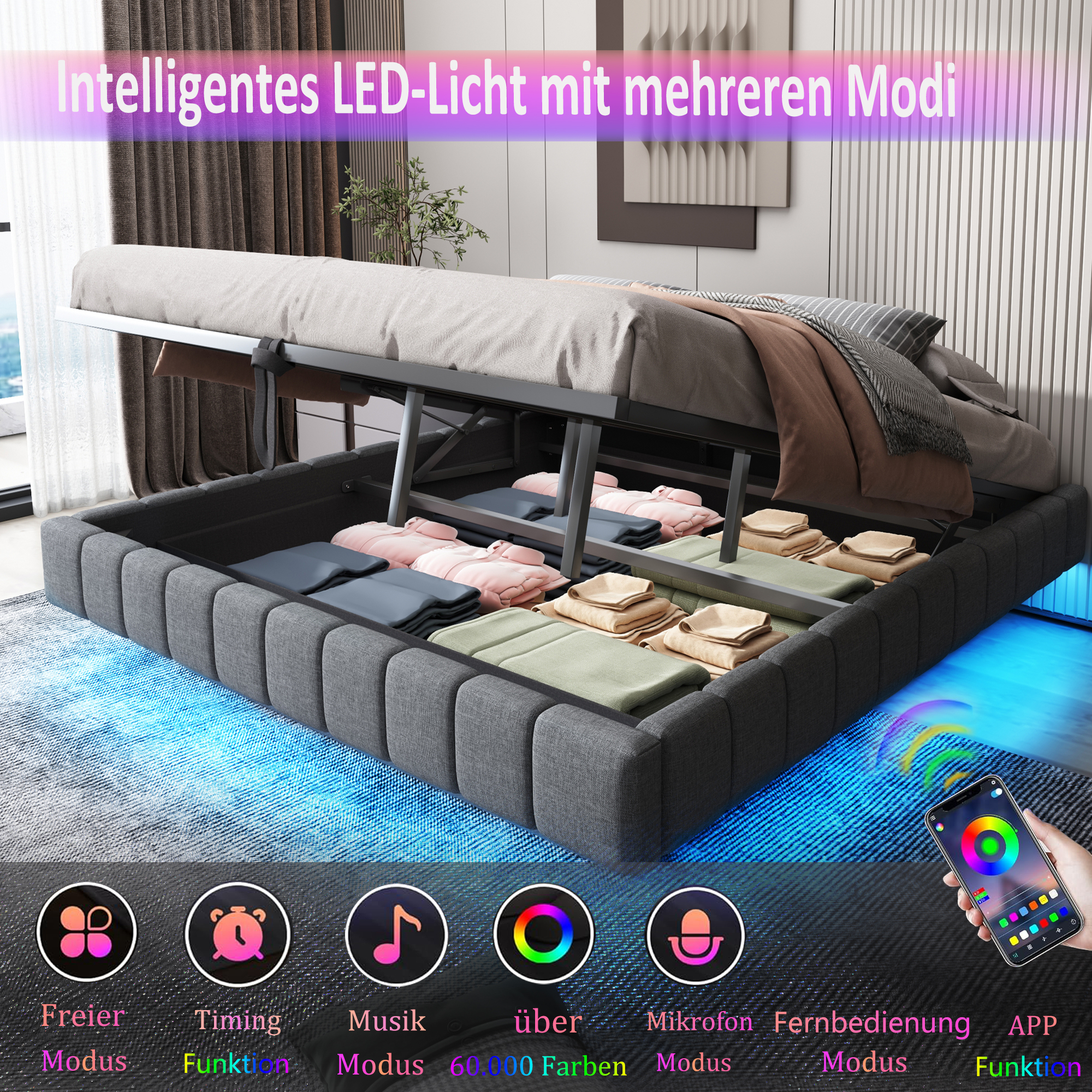 Upholstered Bed 180x200 cm - Hydraulic Floating Bed Frame with Storage