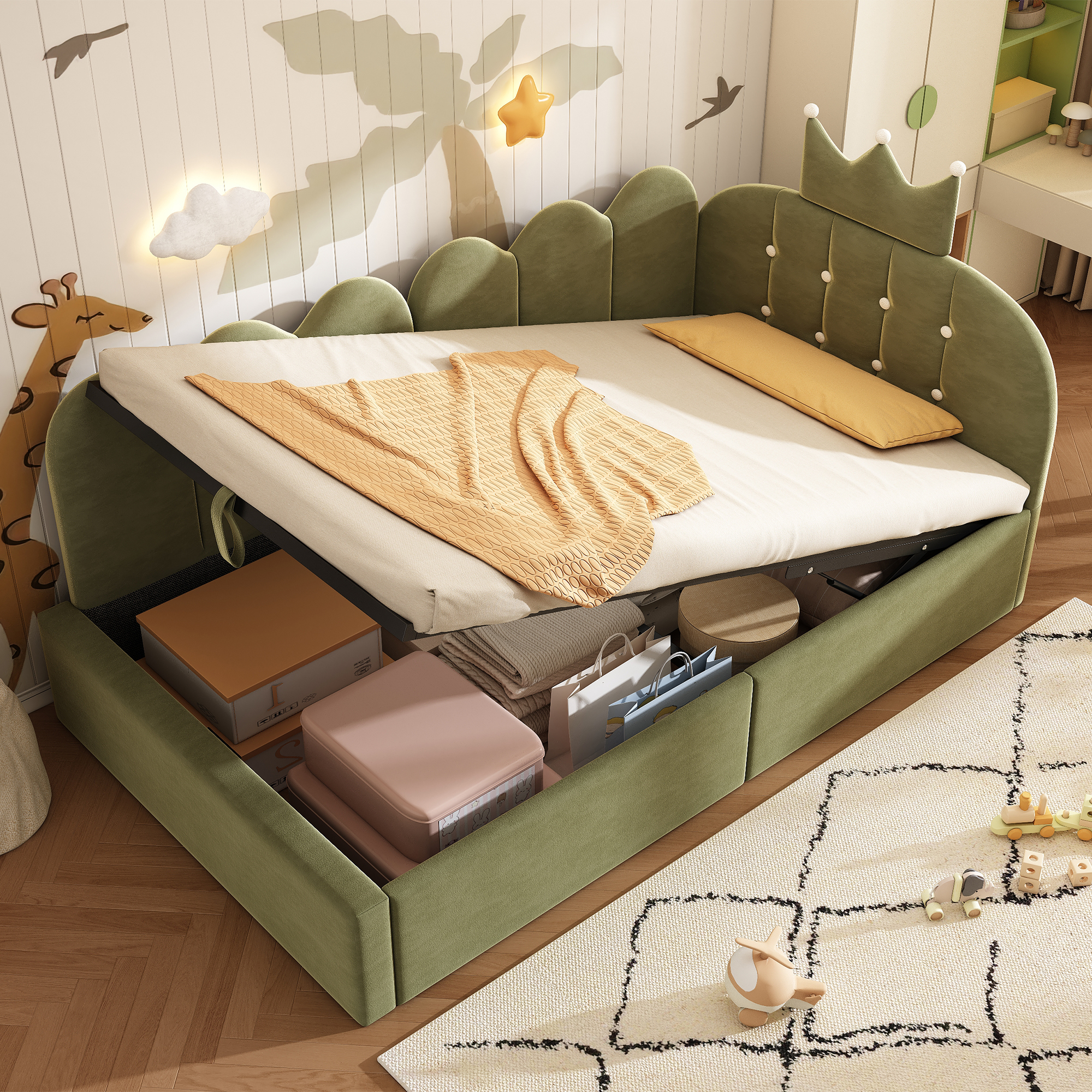 Upholstered Day Bed 90x200 cm - L-Shape Velvet Green with Storage