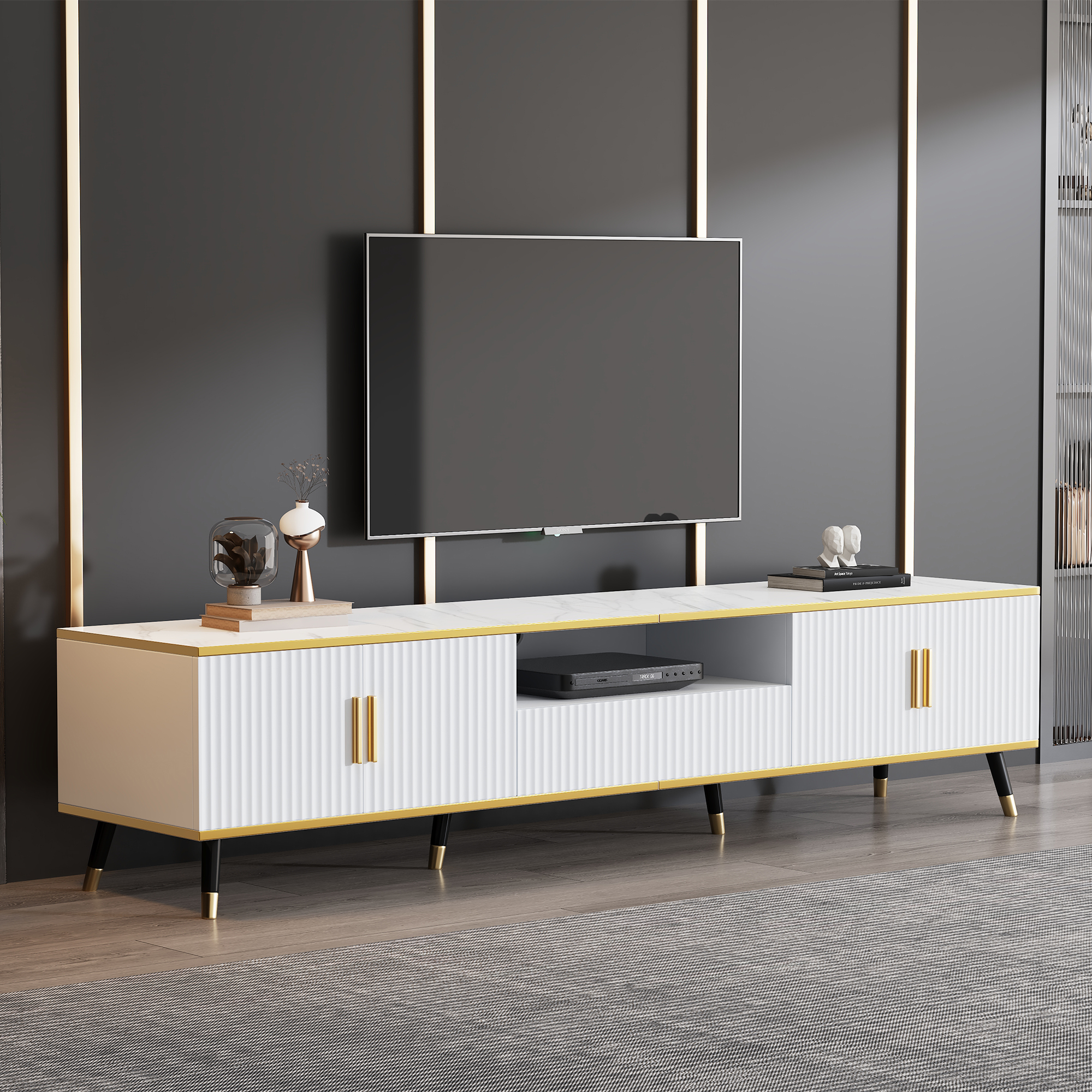 Modernes TV Lowboard, Marmoroptik, 200 x 40 x 46 cm, geeignet für TVs bis 90 Zoll, 2 Türen
