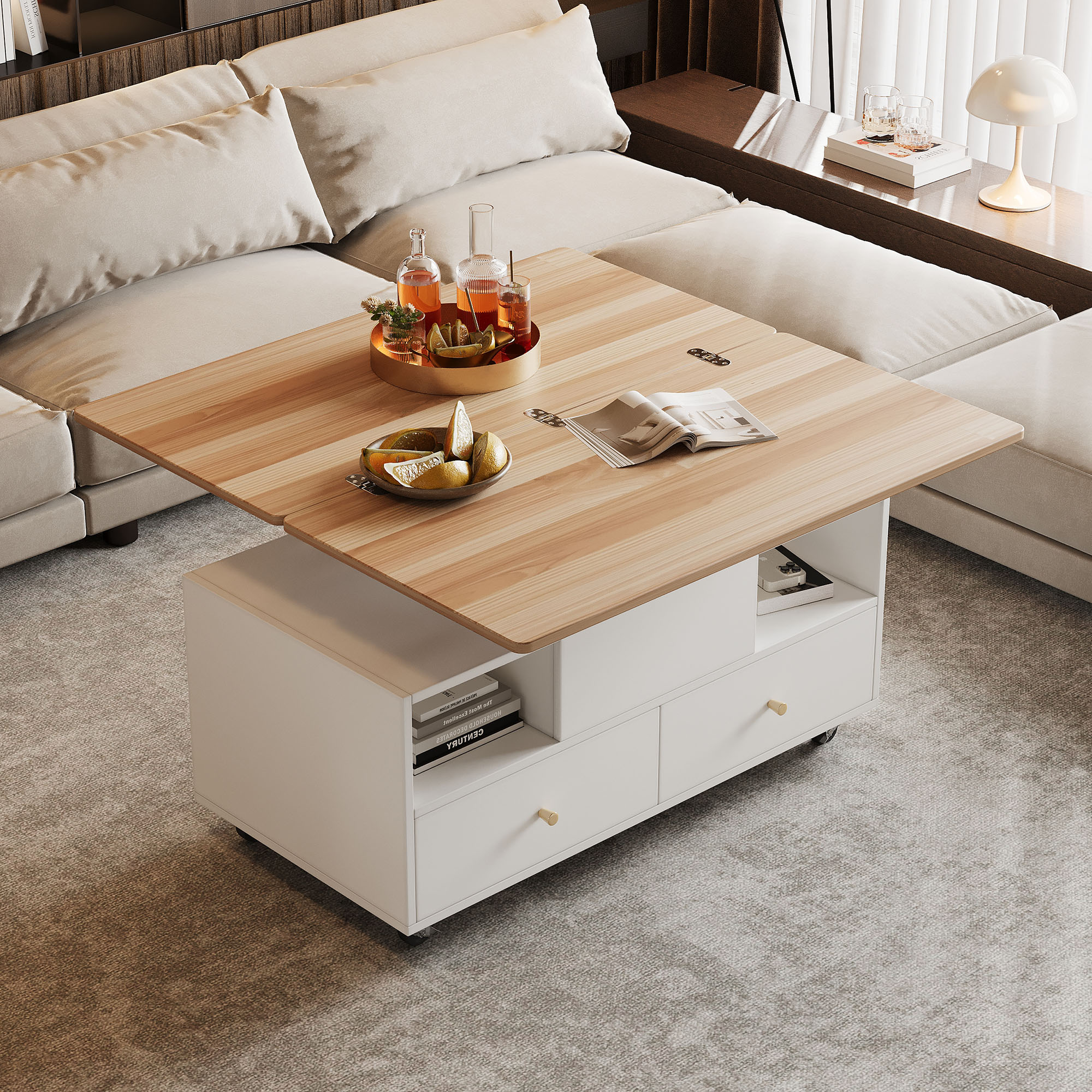 Höhenverstellbarer Kaffeetisch mit Klappfunktion und 4 Schubladen, 100 x 50 x 47,5 cm, 1 großer und 1 kleiner Hydraulik-Höhenverstellertisch, beweglic