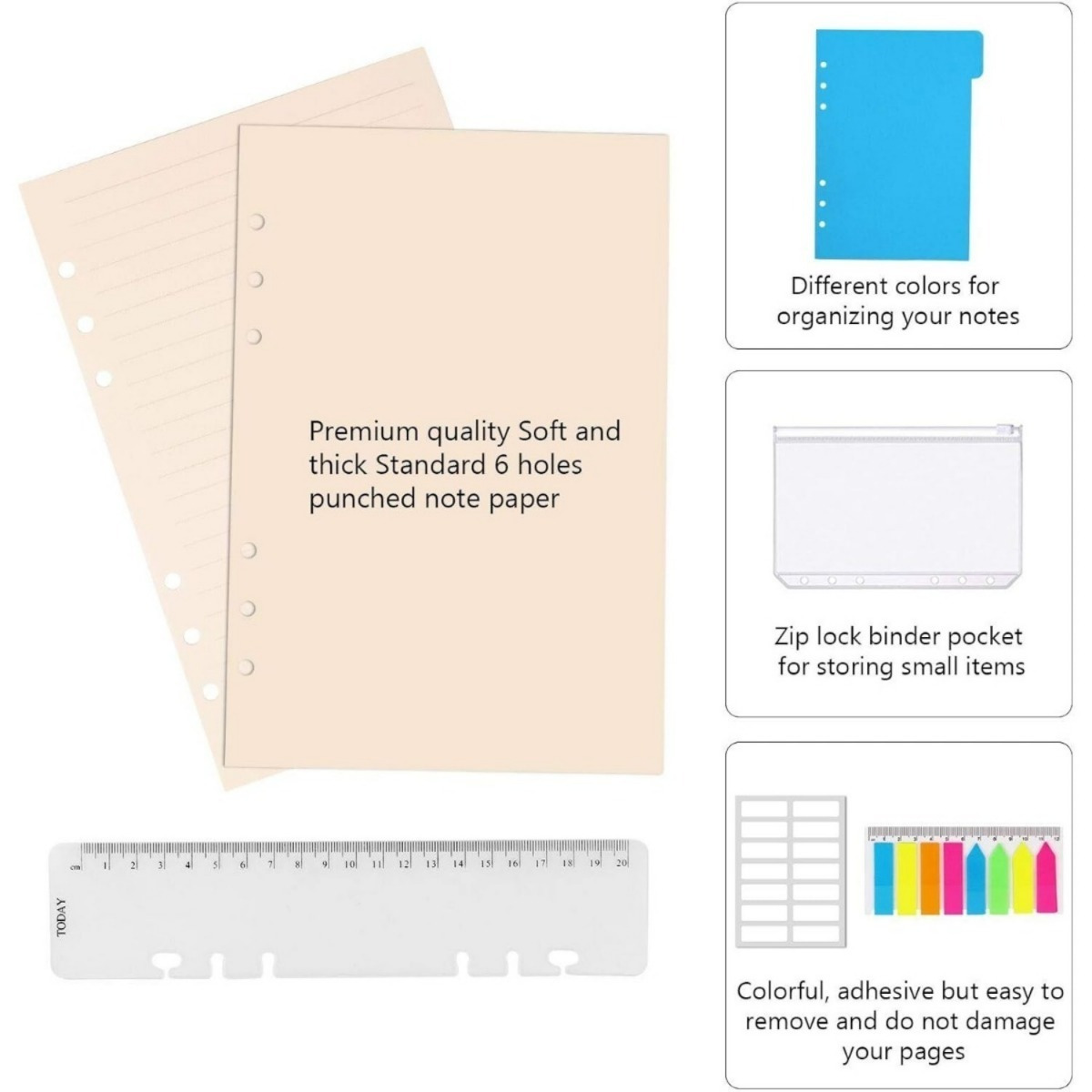 Loses Blatt Papier Set – Komplettes A5 Organizer-Set Mit Liniertem & Blankem Papier, Trennblättern, Ziptaschen, Haftnotizen & Lineal-Artikel