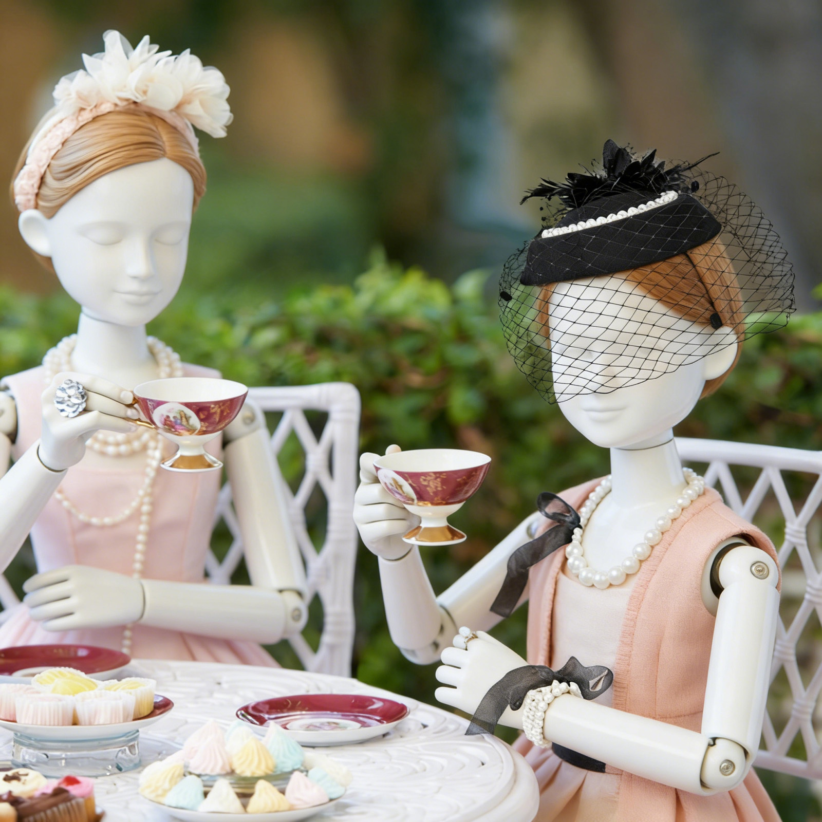 Set di accessori del costume in nero - parure per capelli in rete, ventaglio, guanti e gioielli di perle - decorazione per la festa
