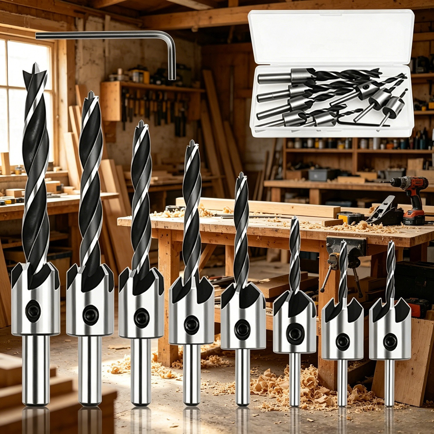 9-teiliges Holzspiralbohrer-Set im Aufbewahrungskasten