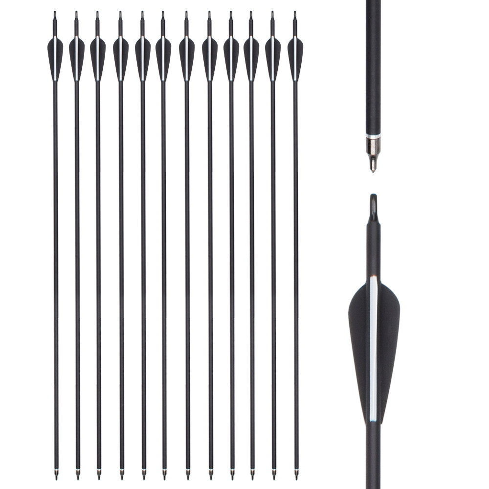 12PK Archery 30in Frecce in carbonio SP500 Punte di caccia per arco compound e ricurvo - nero