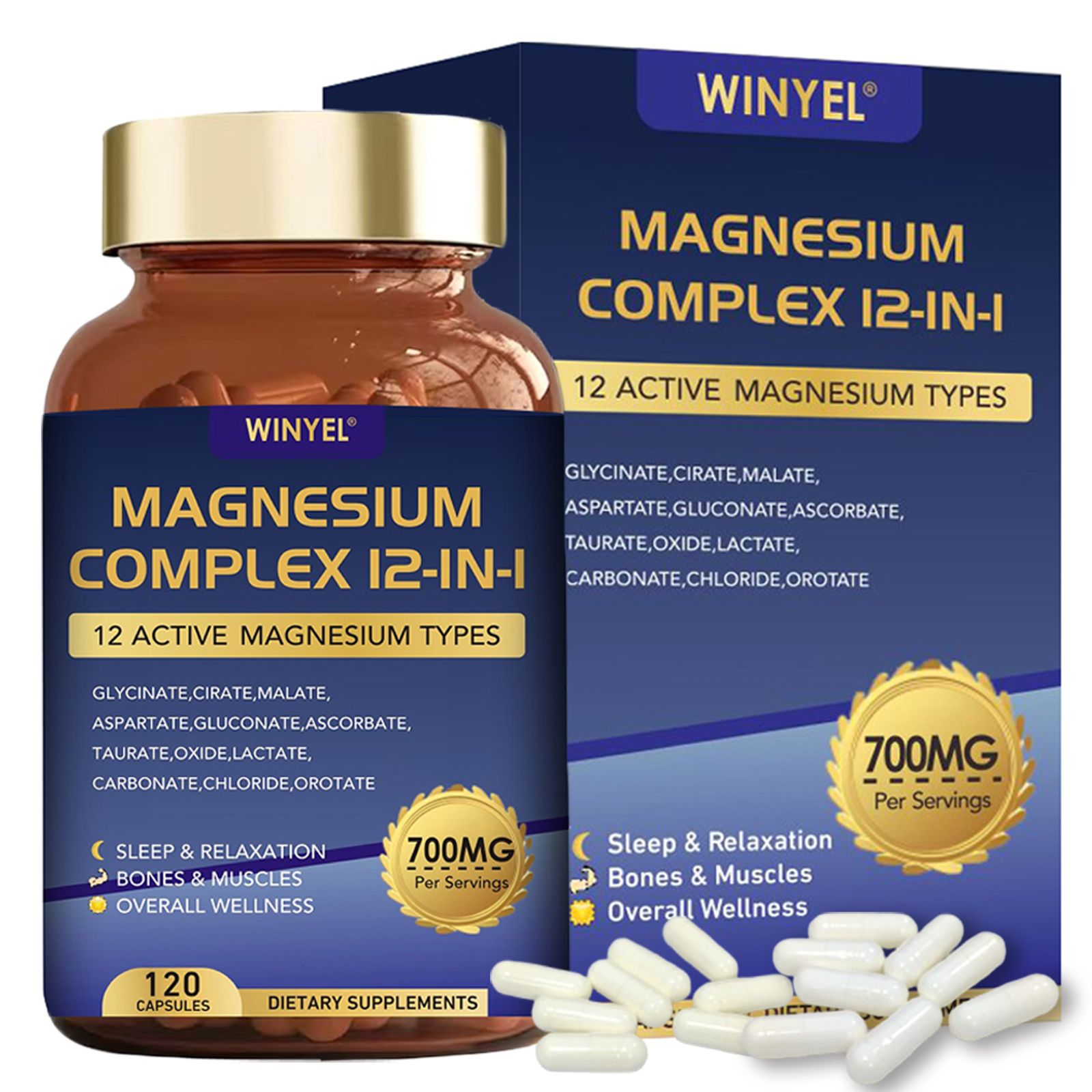 WINYEL Magnesium Complex 700mg 12 In 1 Magnesium Supplement With Glycinate, Citrate, Malate  Sleep, Calm, Muscle Relaxation, Heart Health Support  Veg