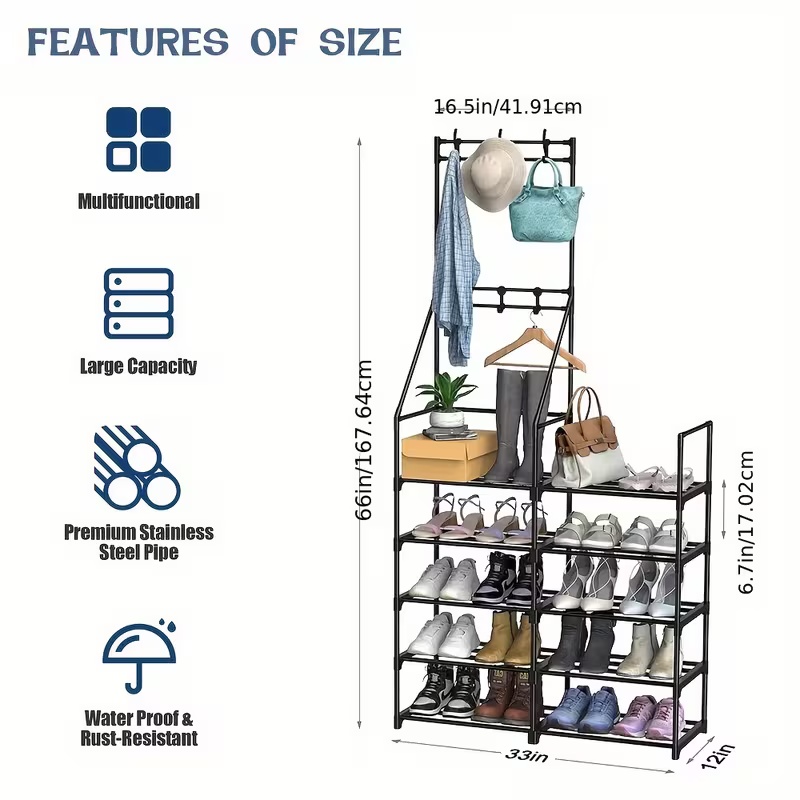 "Organisateur d'entrée tout-en-un stable à double chaussure - Combo multifonctionnel autonome pour chambre à coucher, salon, hall d'entrée et vestiair