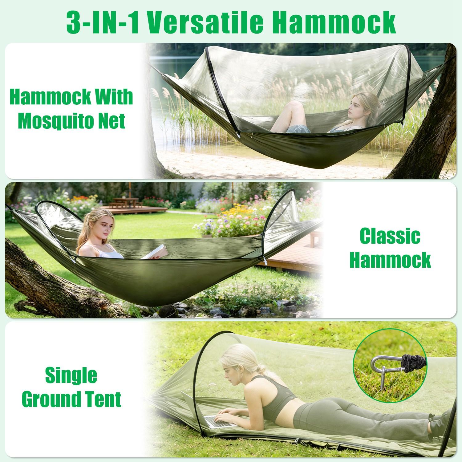 1Pc  Camping Hammock With Mosquito Net Portable Hammock Tent With Built In Mosquito Net Dual Way Zippers 440lbs Capacity Attached Storage Pocket For O