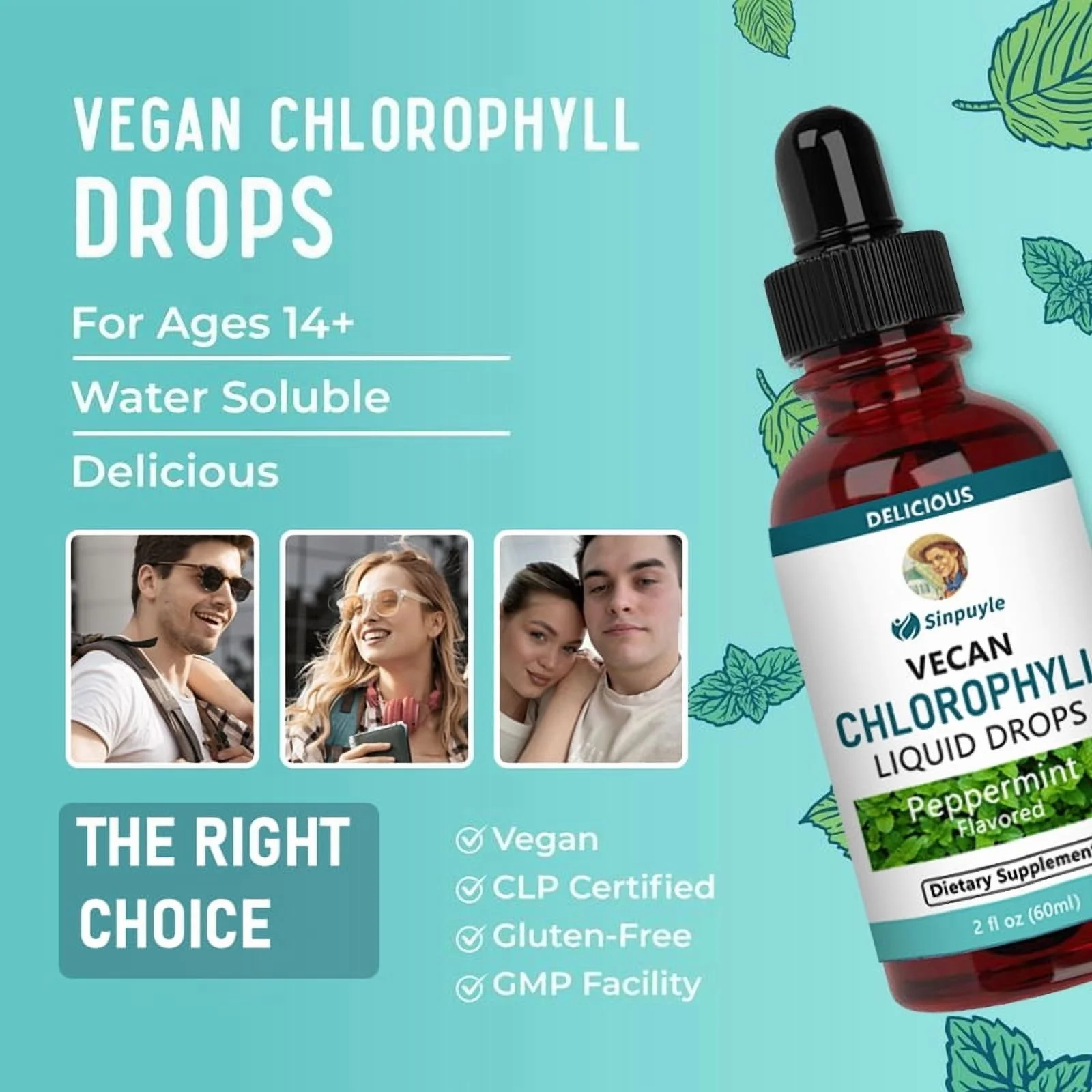 Vegan Chlorophyll-Tropfen, Pfefferminz-Geschmack, unterstützen Detox und frischen Atem, 60ml