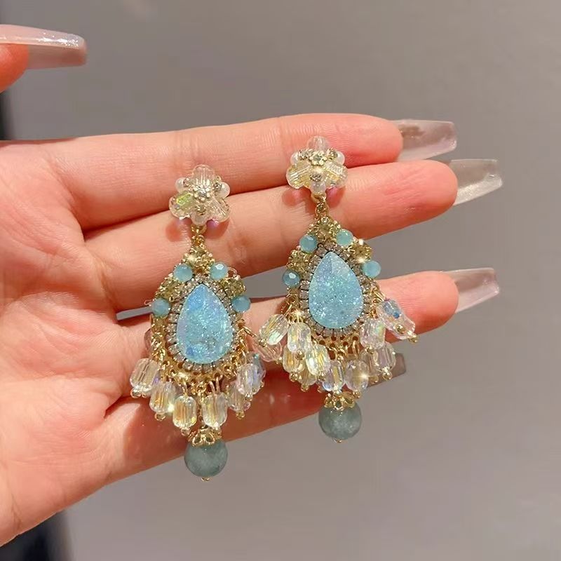 Light Luxury Beaded Tassel Long Dangle Earrings For Women, High-End Slimming Niche Fashion Drop Jewelry, New Style For Vacation