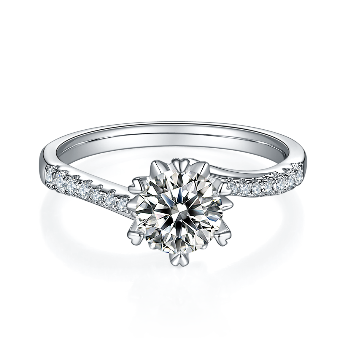 Sterling Silber 1ct Moissanite Verlobungsring, D-VVS1 Rundeschliff, Platinschicht, 6-Punkt-Herzen-Setting, US Größen 5-9 mit GRA Zertifikat