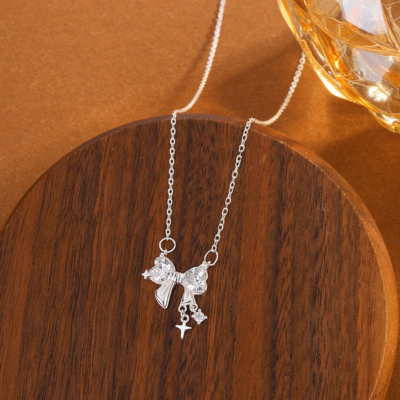 S999 Sterling Silver Bow Necklace For Women, Luxury Minimalist Clavicle Chain, Trendy Elegant Jewelry 2026
