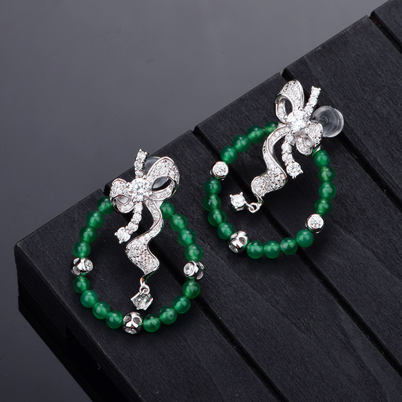 925 Sterling Silver Ohrringe mit grüner Chrysopras Beads, Platinschmuck, 6.4g, Geschenk für Frauen