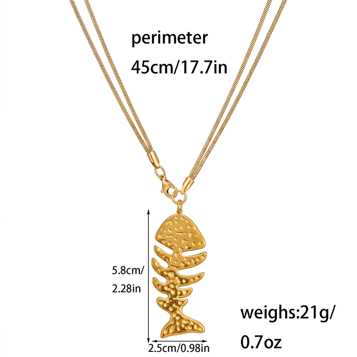 Hammered Fishbone Pendant Necklace For Women, 18K Gold Plated Stainless Steel Snake Chain Choker, Textured Fish Skeleton Summer Beach Jewelry Gift
