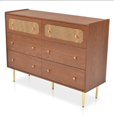Mobile in rattan per soggiorno, cassettiera con 6 cassetti, noce - 40L x 120H x 90P cm