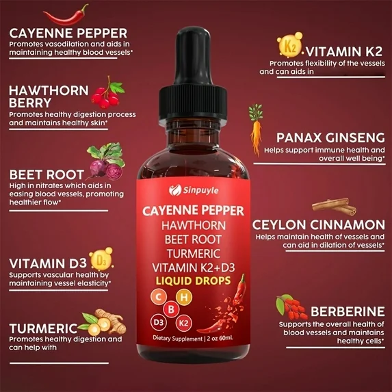 Cayenne Pfeffer Hawthorn Rote Beete Kurkuma Flüssigkeitstropfen mit Vitamin K2 D3 60ML