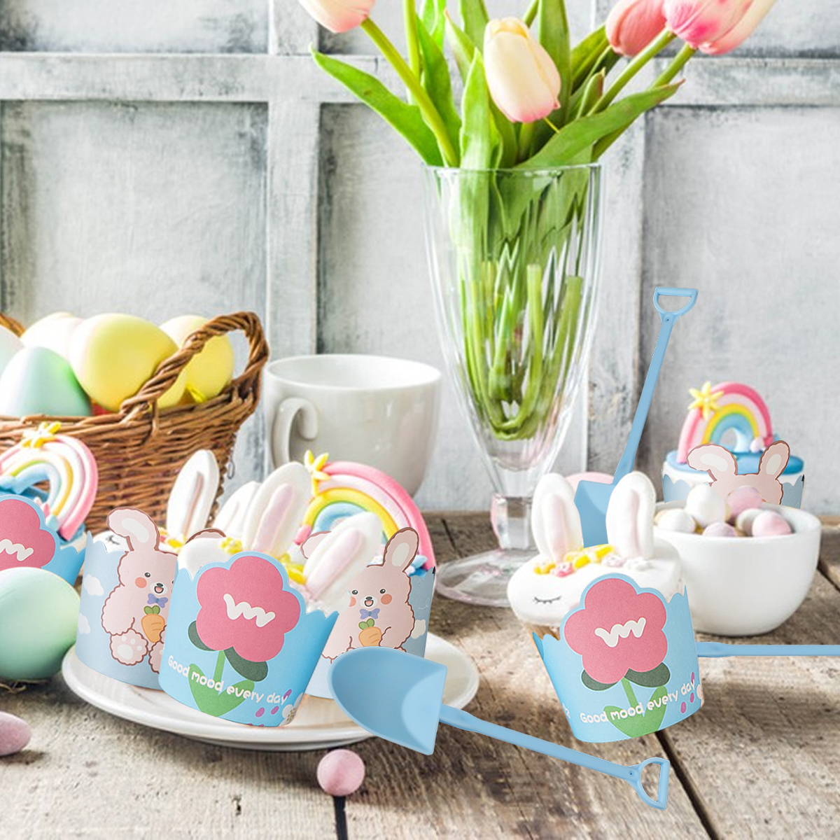 Cute Cupcake Liners Wrappers With Plastic Spoons Bunny Flower Pattern Paper Baking Cup Scalloped Edge Cupcake Muffin Cases For Easter Spring Birthday 