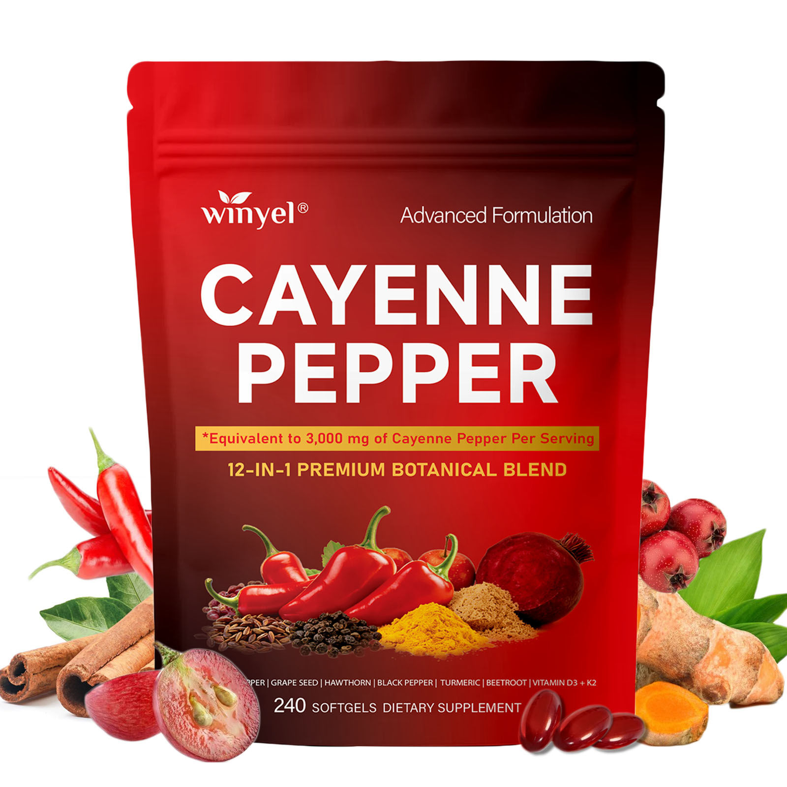 Complément de gélule de piment doux pour soutenir la veine de la jambe, le cœur et la santé vasculaire. Contient des vitamines C, D3 et K2, ainsi que des extraits de pépins de raisin, H