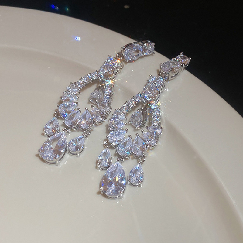 Sterling Silver Needle Luxury Flower Tassel Earrings Geometric Zircon Party Earrings