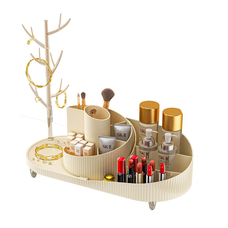 Drehbarer Make-up Organizer mit Schmuckaufbewahrung - Großes Fassungsvermögen, Kosmetik-Display mit 20 Pinseln, 10 Lipsticks, 8 Pflegeprodukten, 360-G