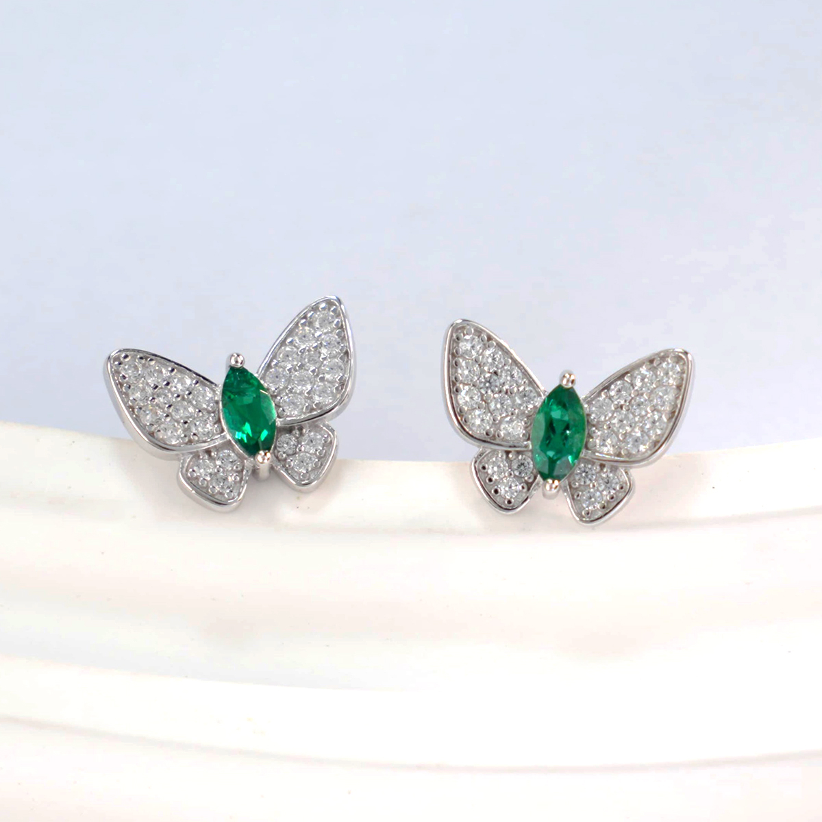 Sterling Silber Schmetterling Creolen, 5x2.5mm Marquise Lab-Grown Rubin Saphir Smaragd, Platinschicht 1.7g Feine Juwelen Geschenkbox