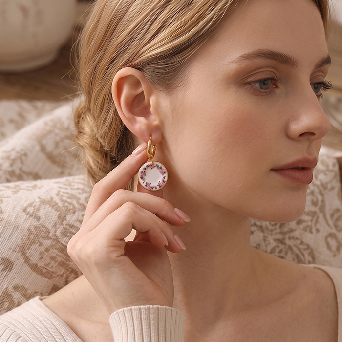 Cottagecore Miniature Ceramic Plate Earrings - 18K Gold Plated Stainless Steel Hoop Earrings - Vintage Pink Floral Wreath Porcelain Jewelry Gift