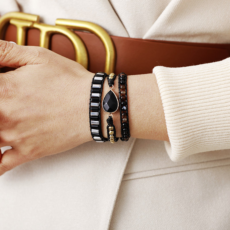 Ethnischer Naturstein-Kristall-Leder-Kordel-Armband Handgemacht