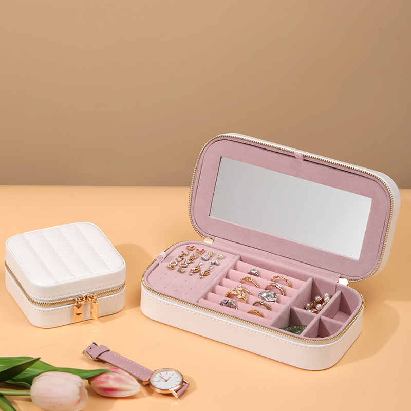 Striped Metal Zipper Jewelry Box With A Mirror For