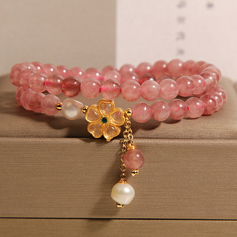 Strawberry Quartz Twin Four-leaf Clover Double Ring Bracelet
