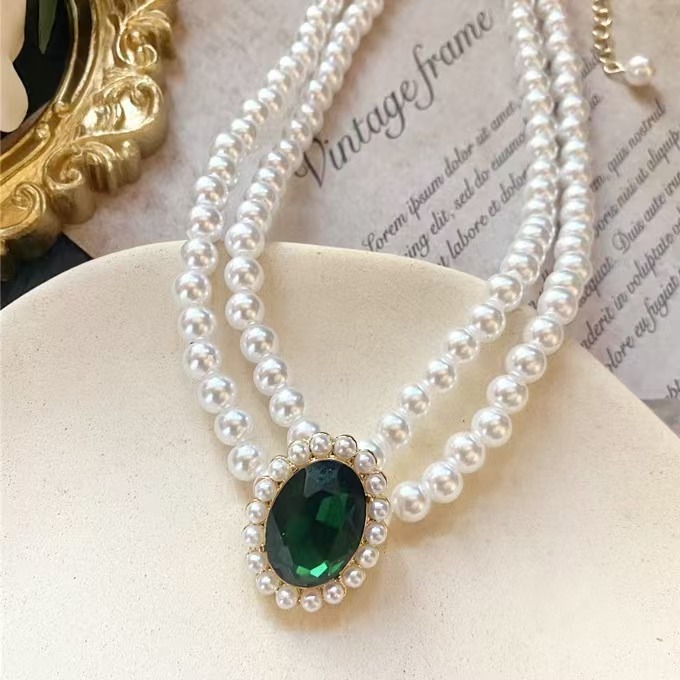 Edle Zweilagige Perl- und Diamant-Anhänger-Kette