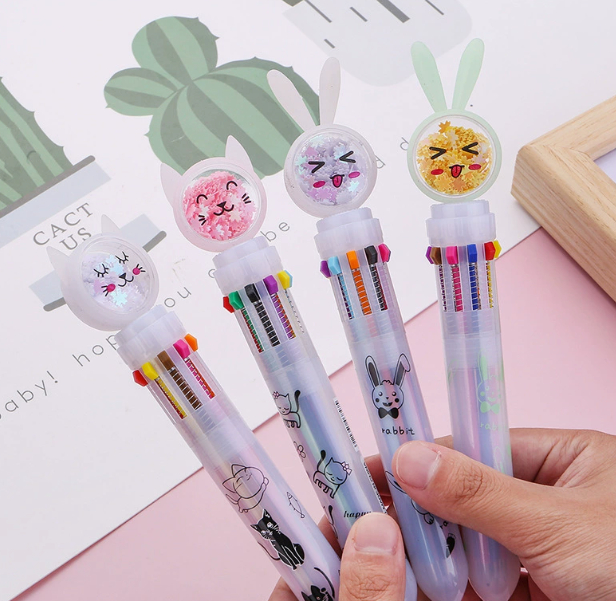 Penna a sfera glitter Clicky di 10 colori ispirata a Instagram nello stile coreano con disegni di coniglio e gatto